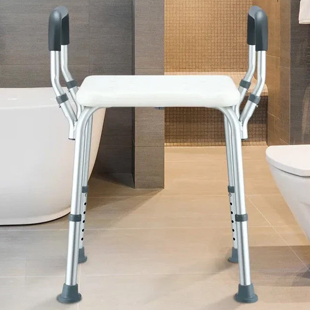 Adjustable shower chair with armrests inside a modern bathroom