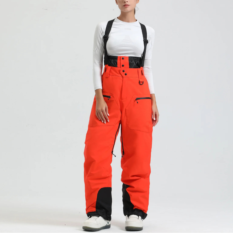 Close-up of durable fabric and adjustable straps on women's snowboard pants