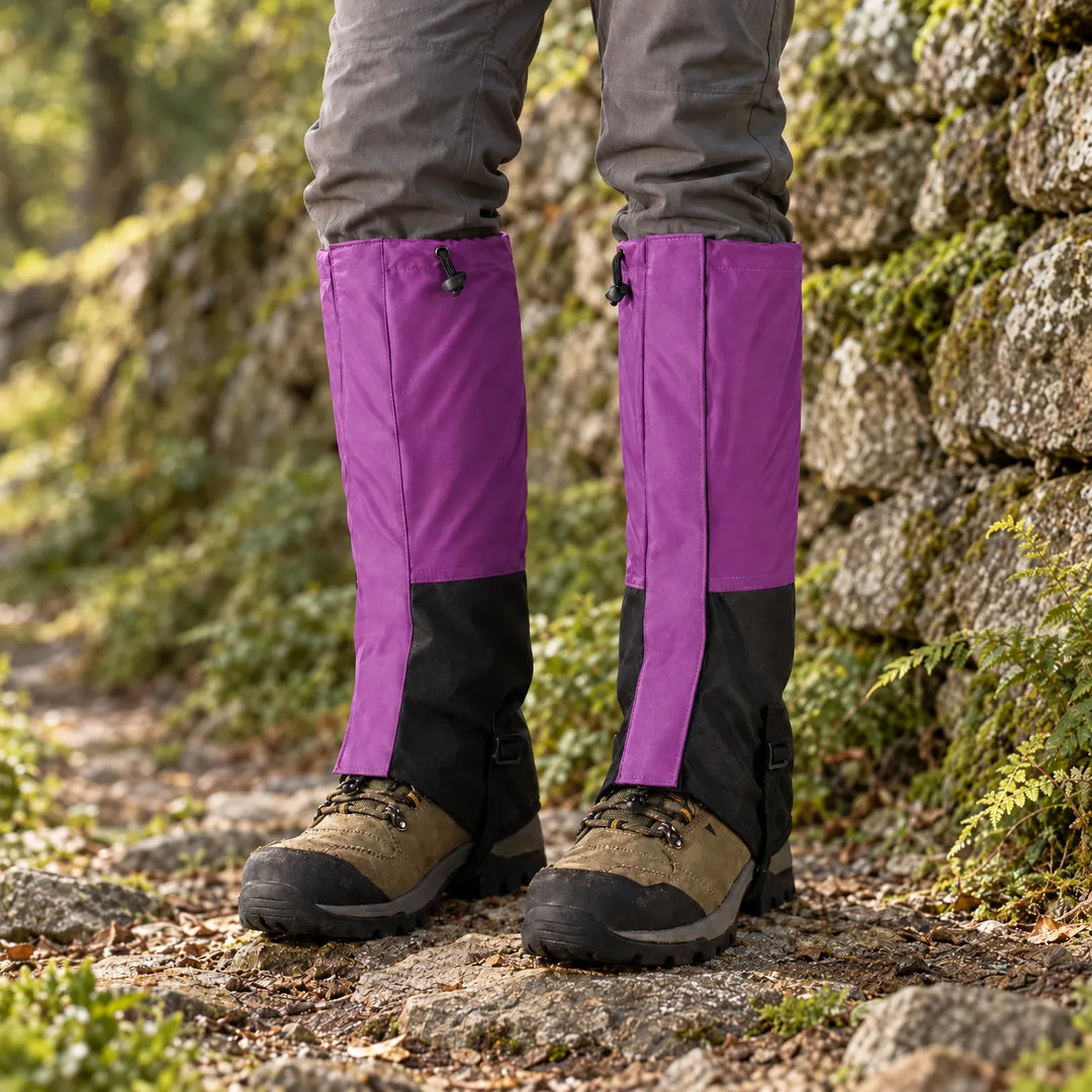 Person wearing purple outdoor walking gaiters over hiking boots