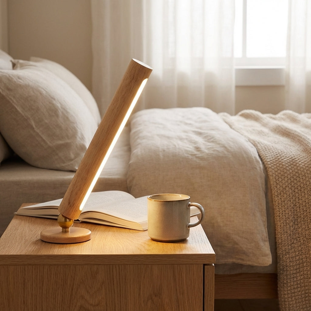 Wooden adjustable desk lamp glowing on a bedside nightstand next to a book and mug