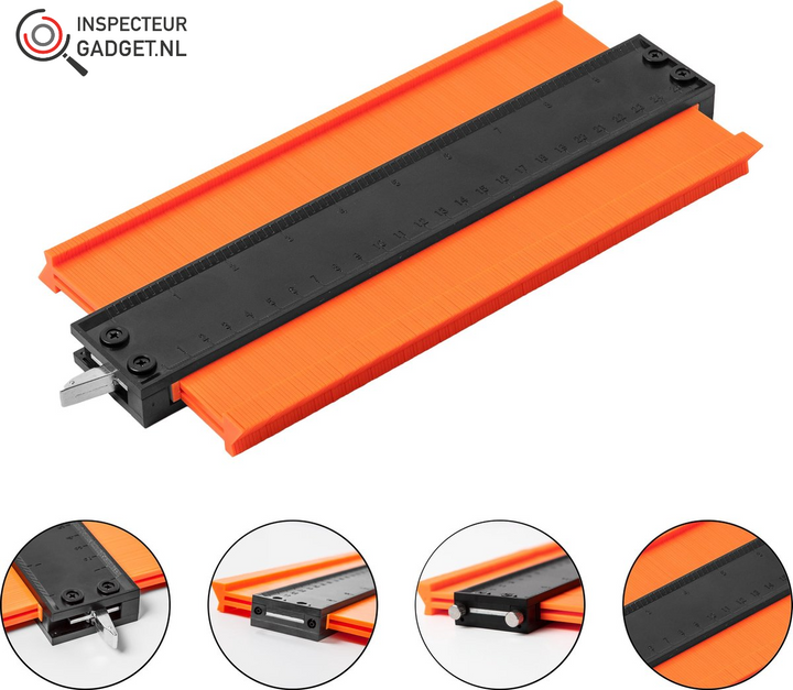 Orange contour gauge tool top view showing profile pins and scale