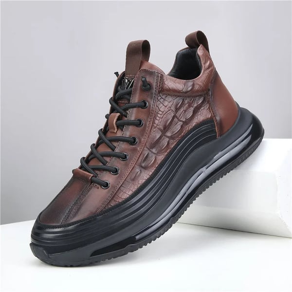 Brown men's luxury air cushion trainers Mason angled view