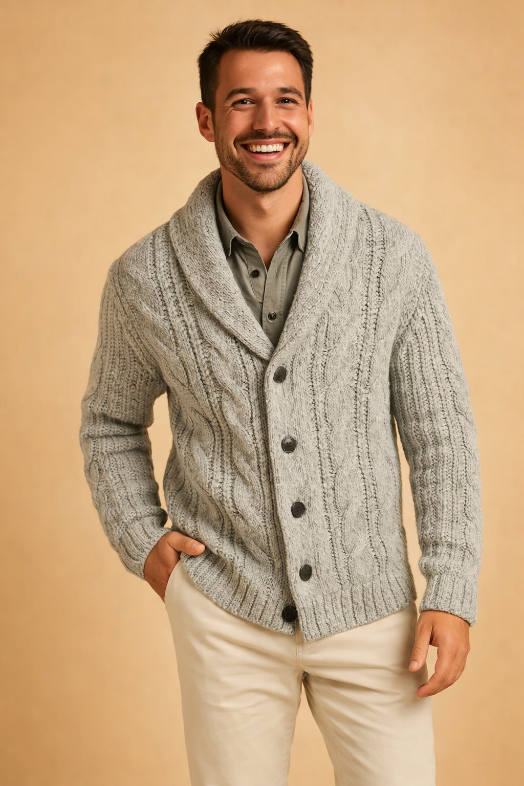 Man wearing Light Gray button cardigan with textured knit