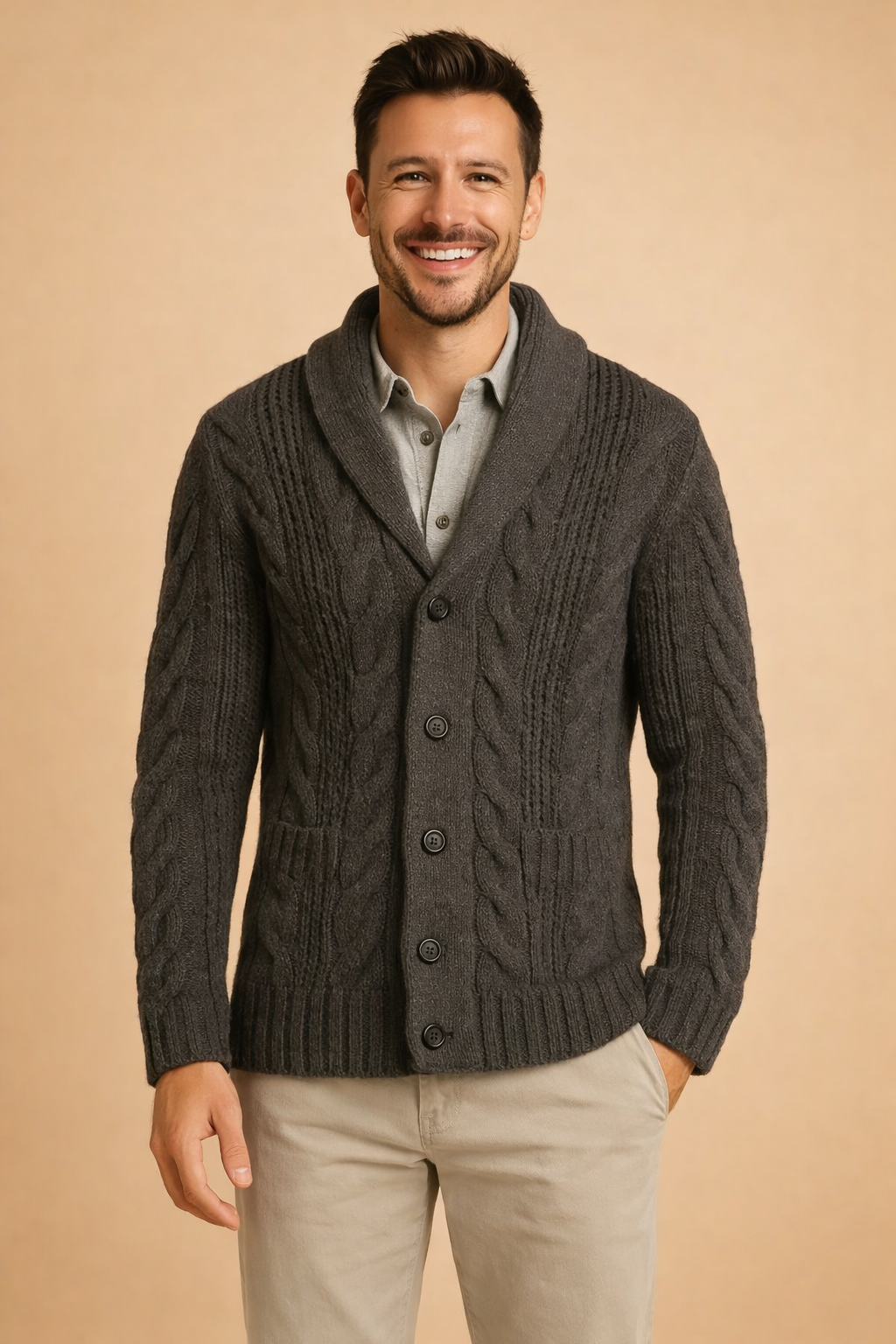 Man wearing Dark Gray button cardigan with front pockets