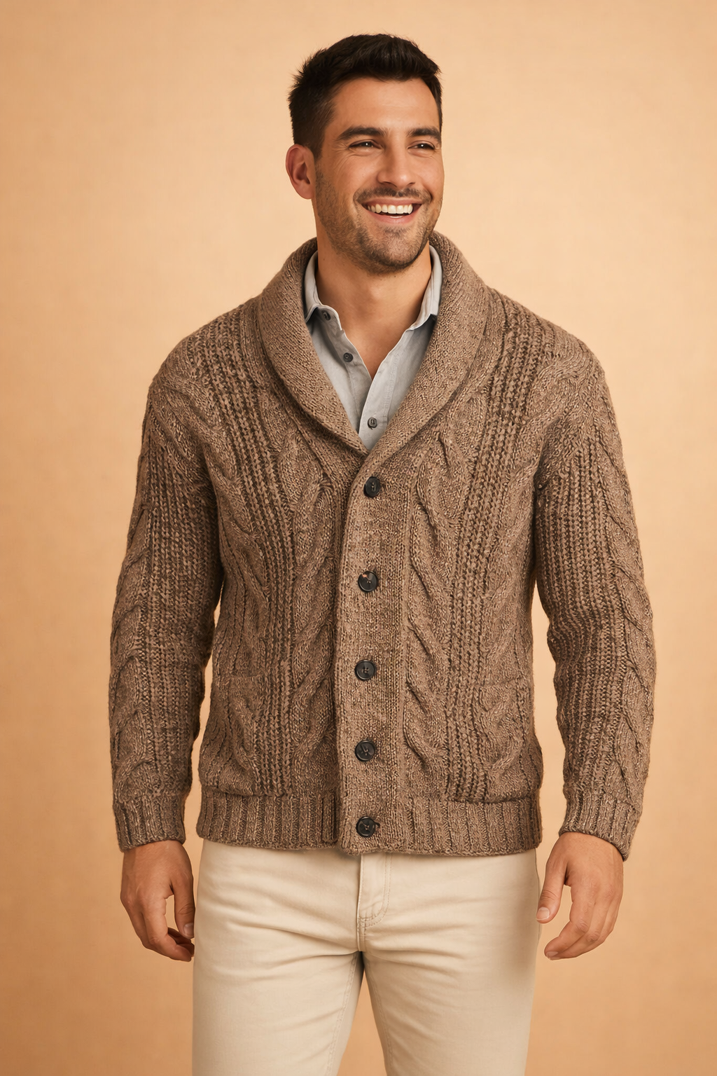 Mens button collar cardigan jacket in dark grey knitwear