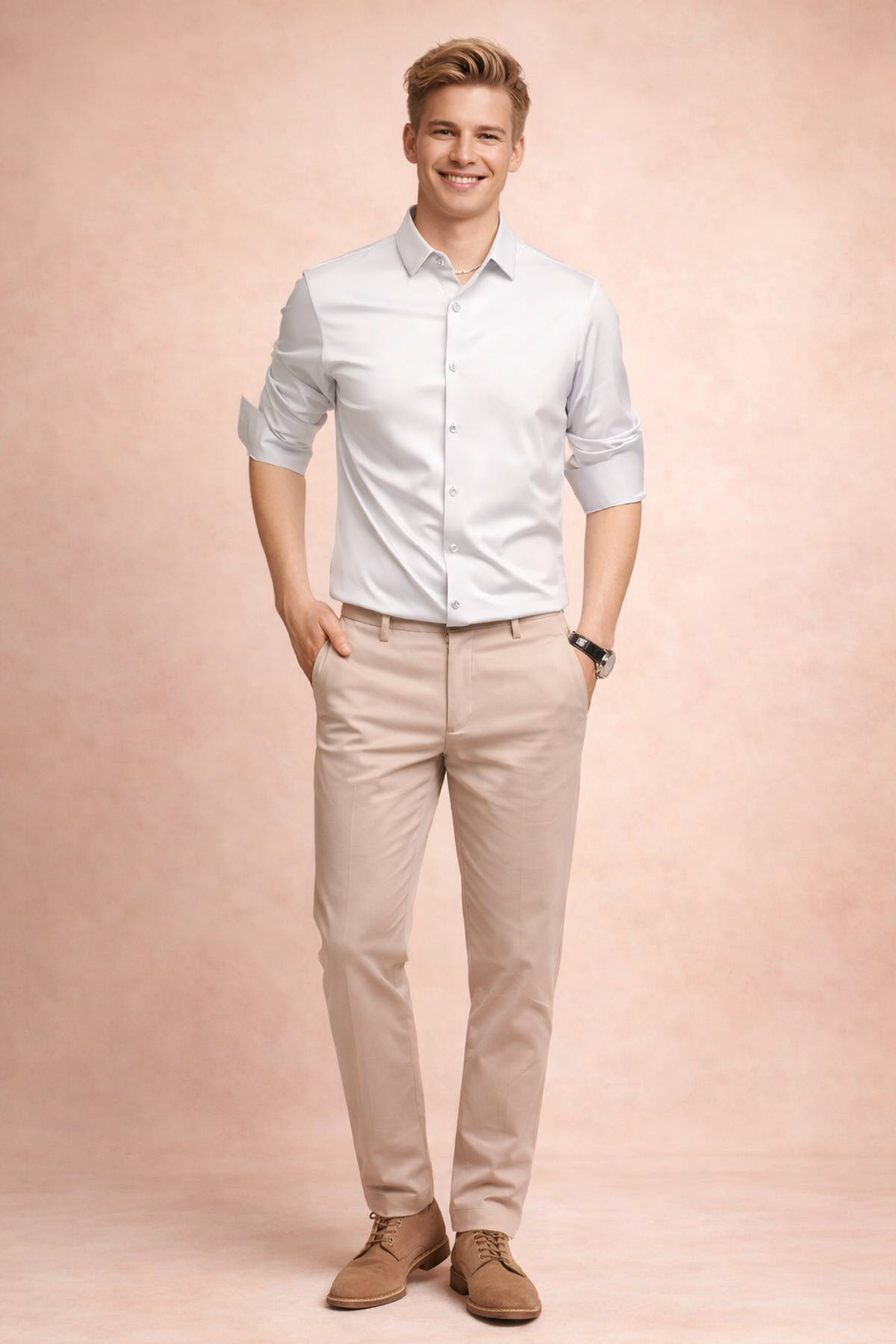 Man wearing a white elegant button-down shirt paired with beige trousers in a studio setting