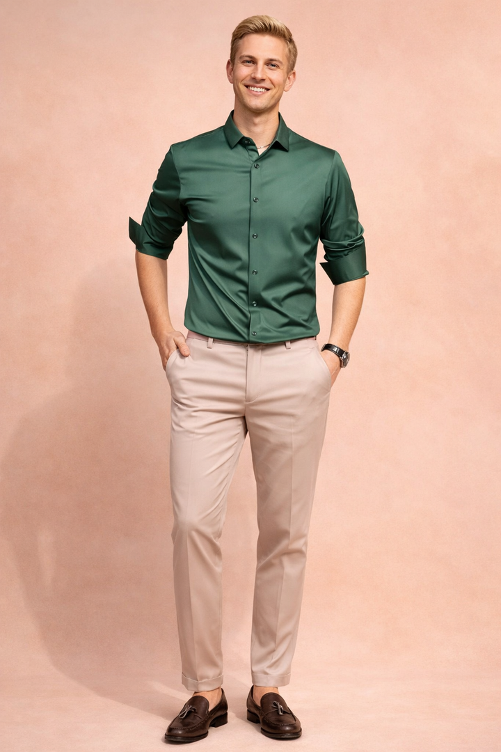 Close-up view of collar and buttons on a stylish mens casual button-down shirt