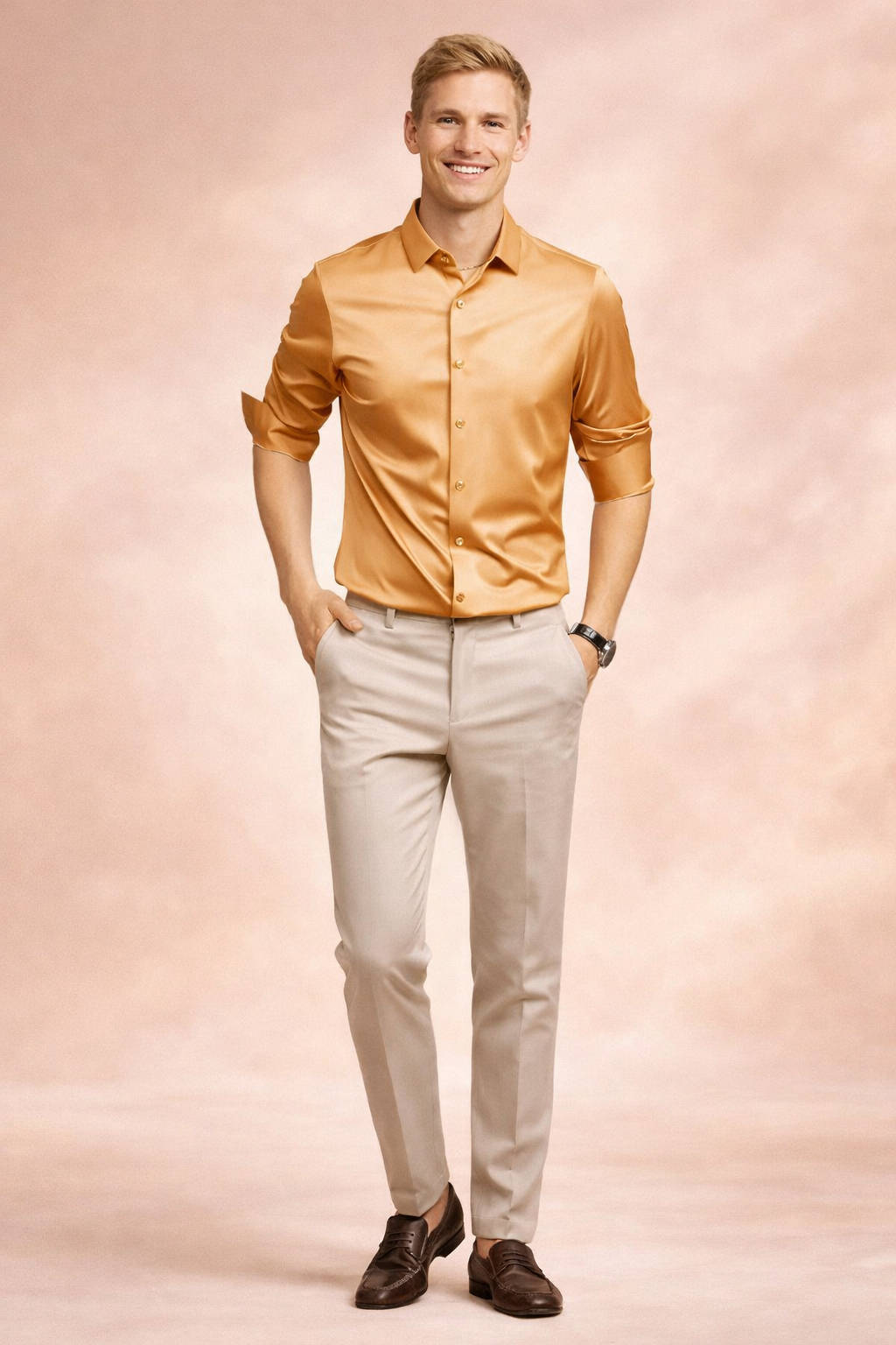 Flat lay of mens shirt paired with accessories for a smart business casual outfit