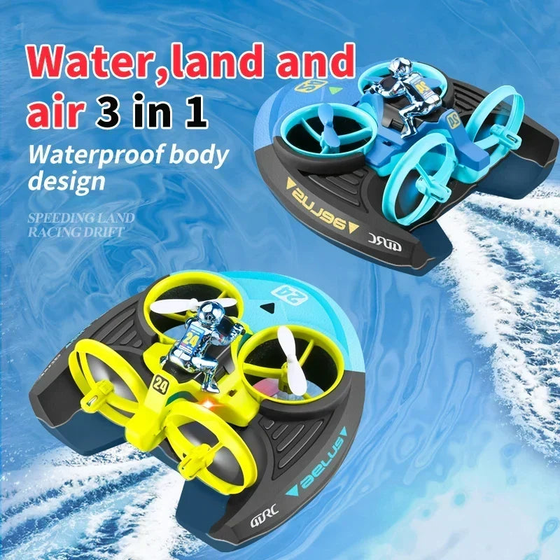 All-terrain RC quadcopter drone showing blue and green variants with water splash background