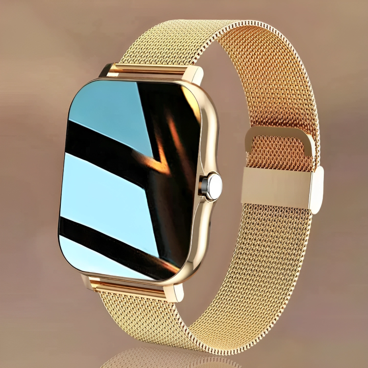 Gold smart fitness watch featuring a metallic mesh strap and vibrant touchscreen display