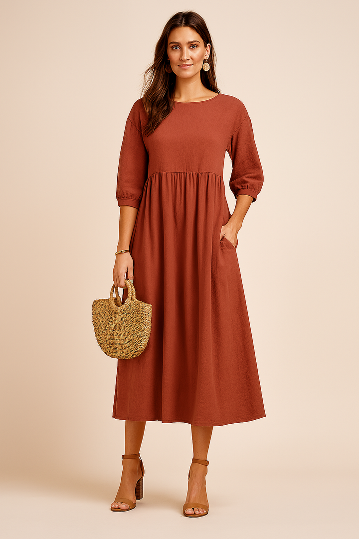 Full-length shot of the flowy casual dress in neutral lighting