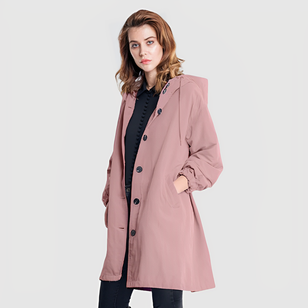 Womens waterproof lightweight rain jacket back view with adjustable hood