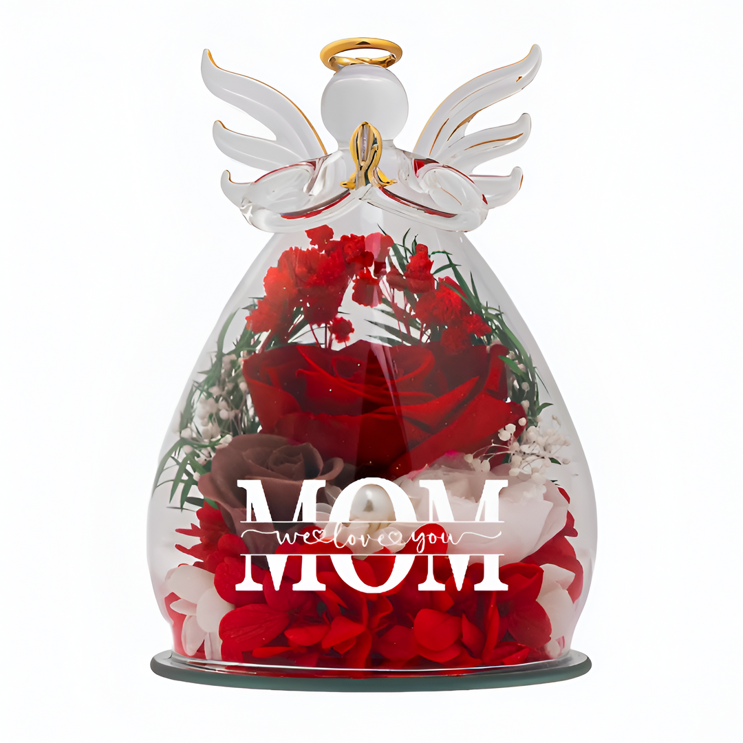 Glass angel keepsake holding a preserved floral arrangement for mothers day