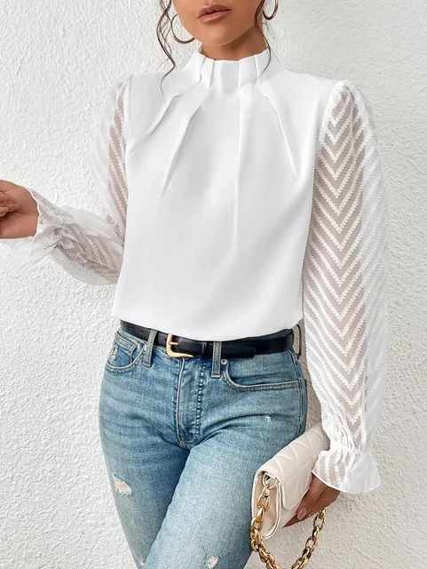 Elegant women's ruffled long sleeve blouse in half turtleneck style for office wear