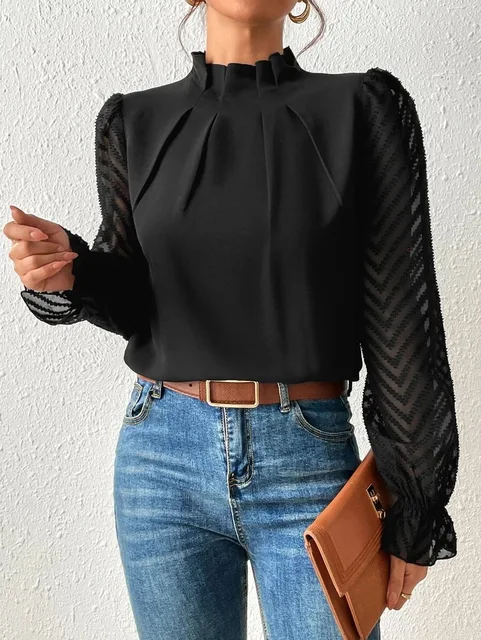 Stylish casual chic long sleeve top featuring delicate ruffles for women's apparel