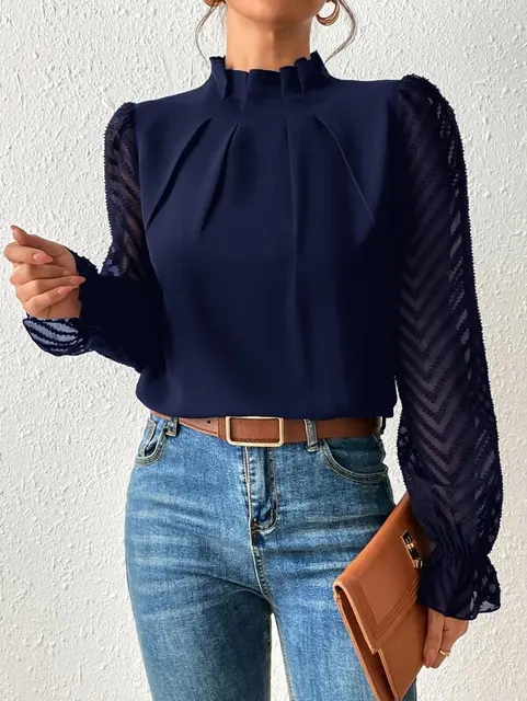 Woman wearing Navy Blue Elegant Half Turtleneck Ruffled Long Sleeve Blouse with jeans