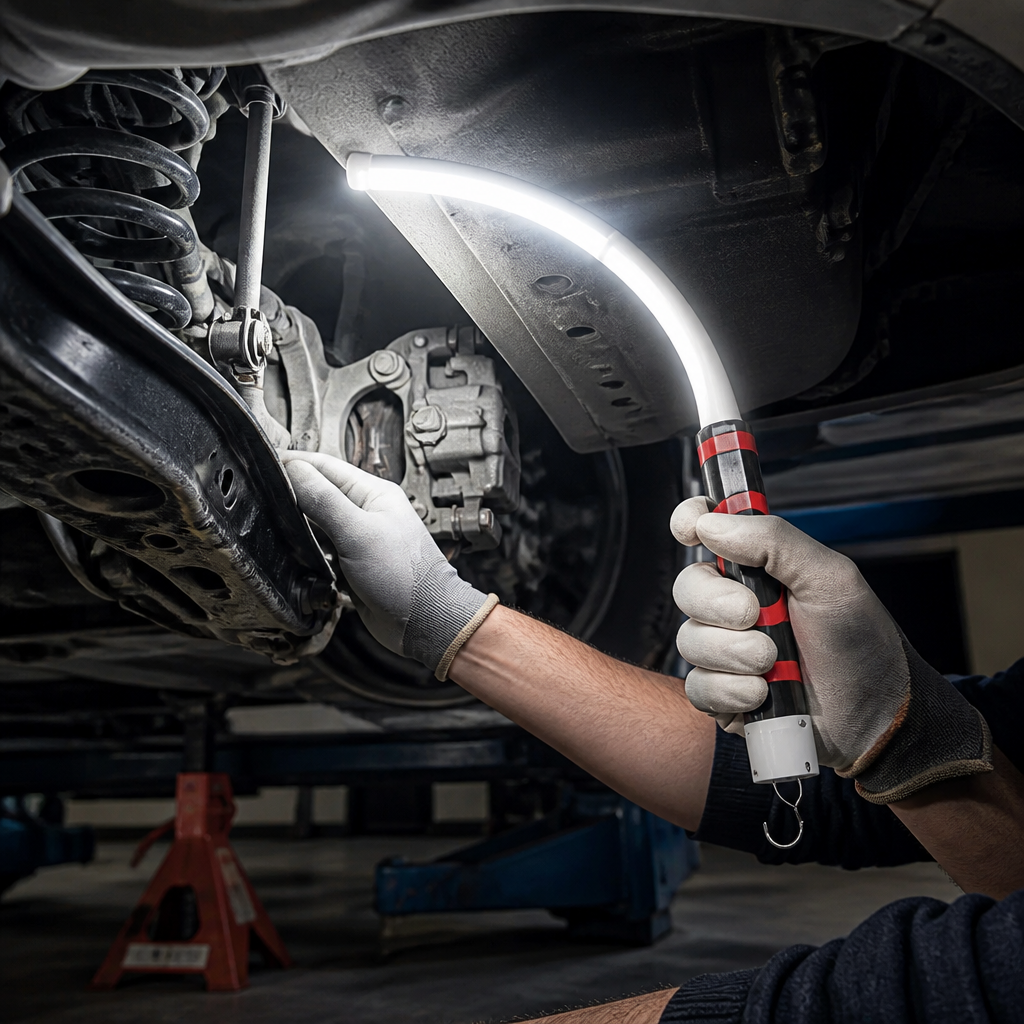 Unisex LED bendable work lamp showcasing flexible design for workshop tools and garage lighting.