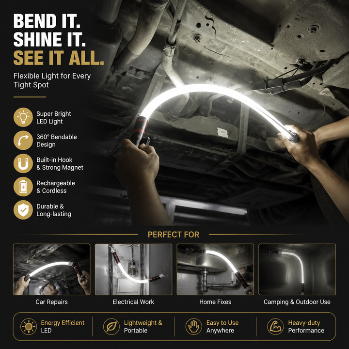 Portable LED flexible flashlight in black finish, ideal for mechanics and detailed repair work.
