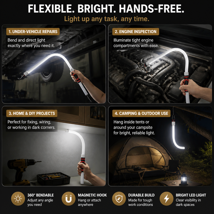Flexible work lamp positioned at an angle to highlight its bendable neck and garage lighting features.