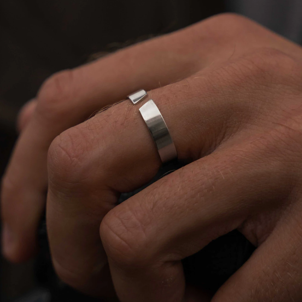 Arvid men's open band ring viewed from side angle showcasing bold statement jewelry design