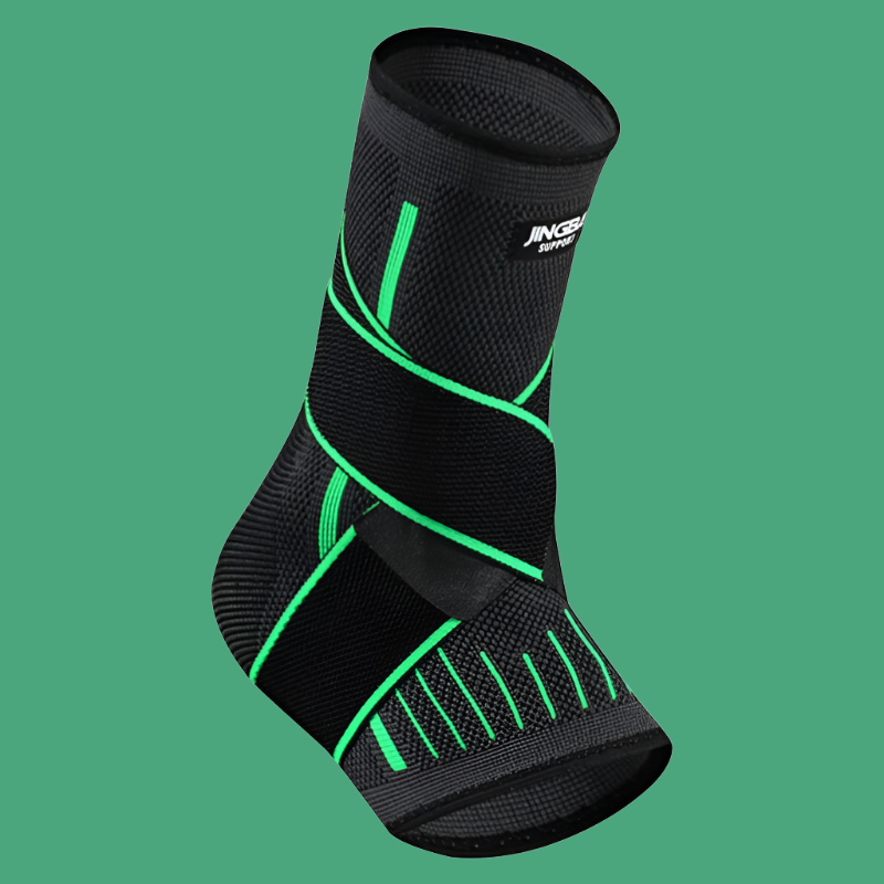 Supportive compression ankle brace in black and green isolated on background