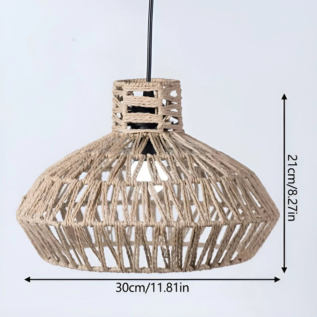 Beige vintage rattan pendant lamp hanging against a neutral background with dimension indicators