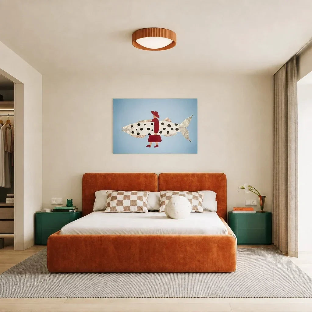Modern bedroom interior featuring the minimalist concrete flush mount lamp