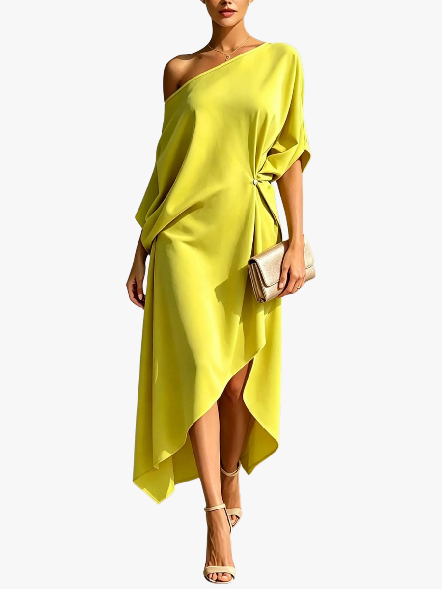 Model wearing yellow asymmetrical one-shoulder evening dress with side gather detail