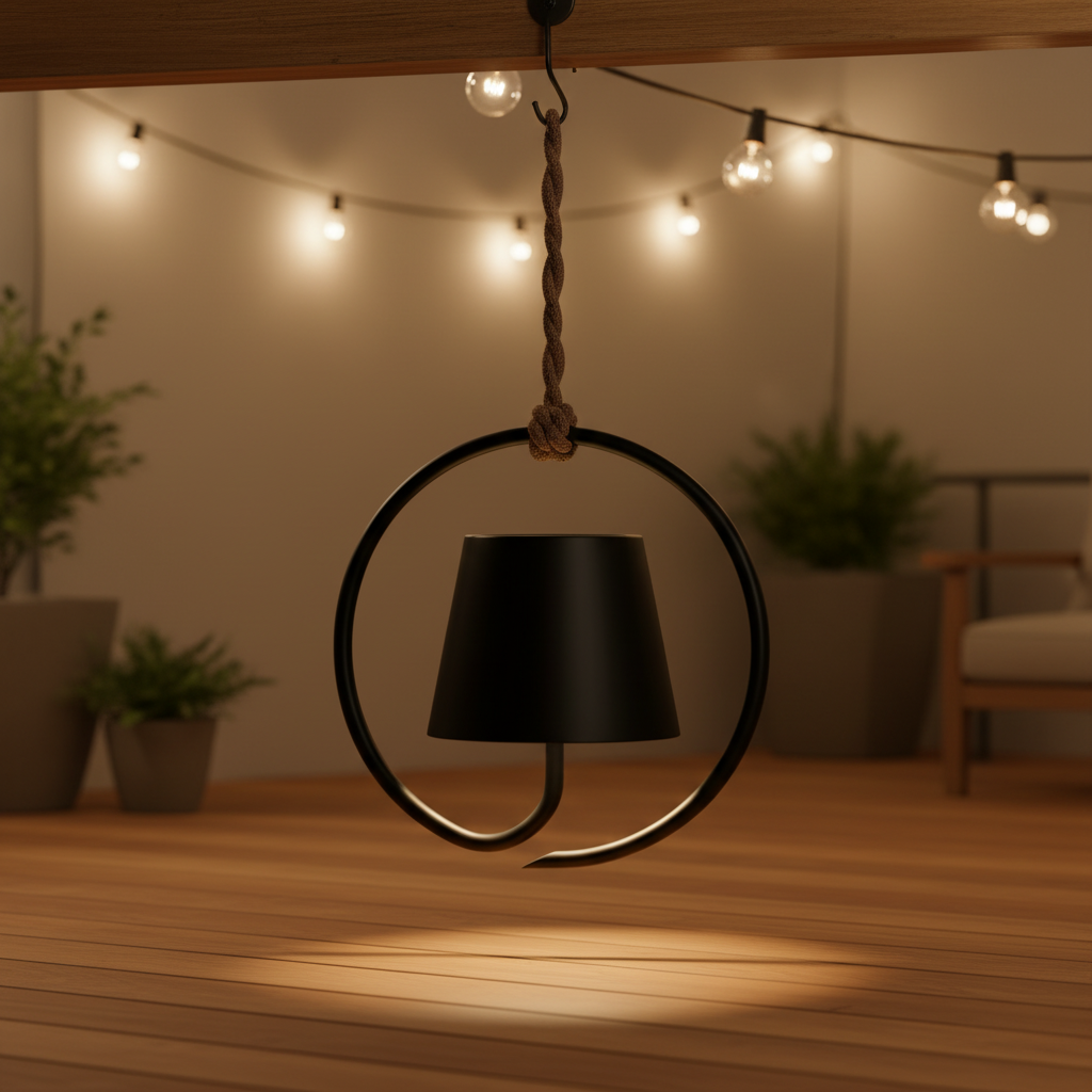 Rechargeable black LED pendant light hanging on a wooden beam outdoors at night