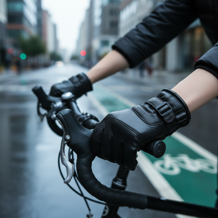 Person wearing black rechargeable heated gloves while cycling outdoors