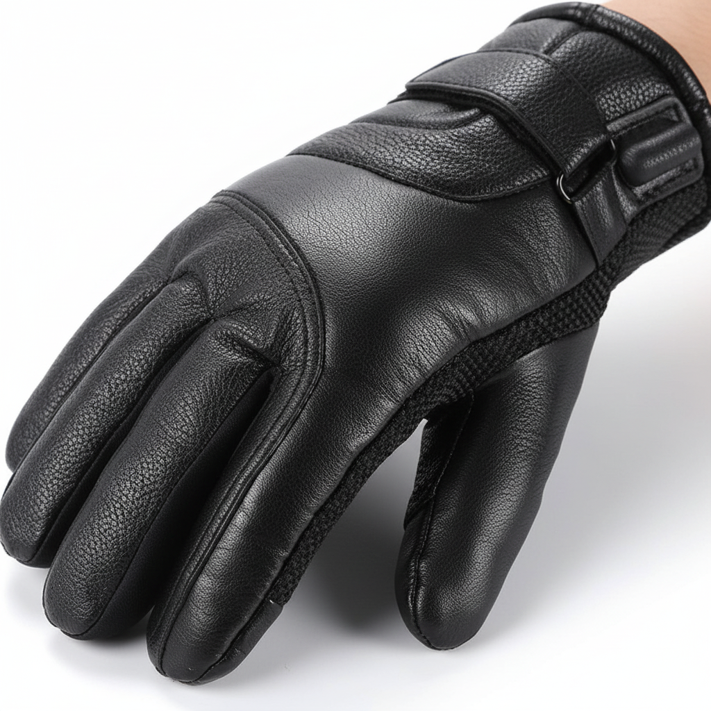 Detailed view of the texture and buckle on black heated gloves