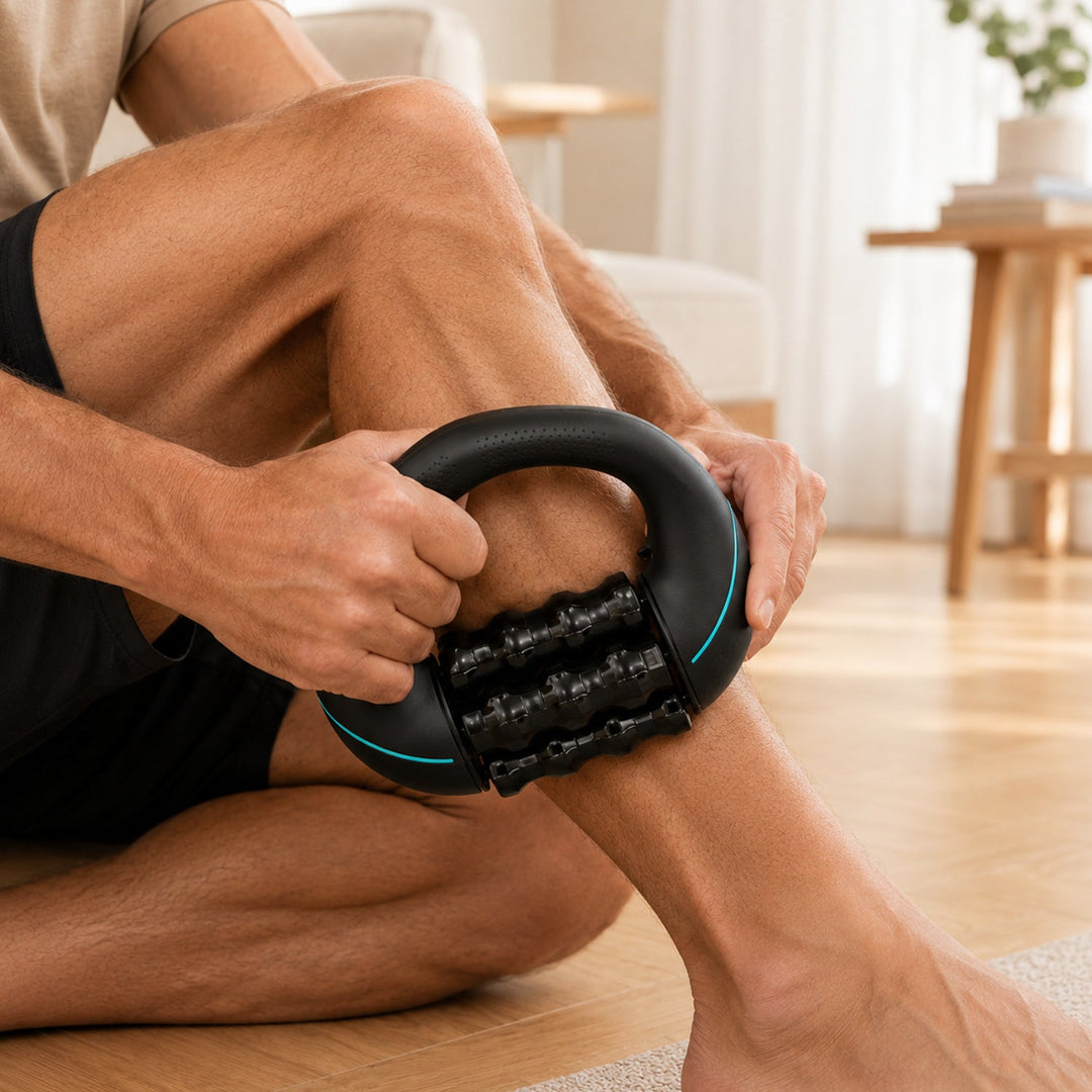 Man using the lymphatic drainage massager on his calf