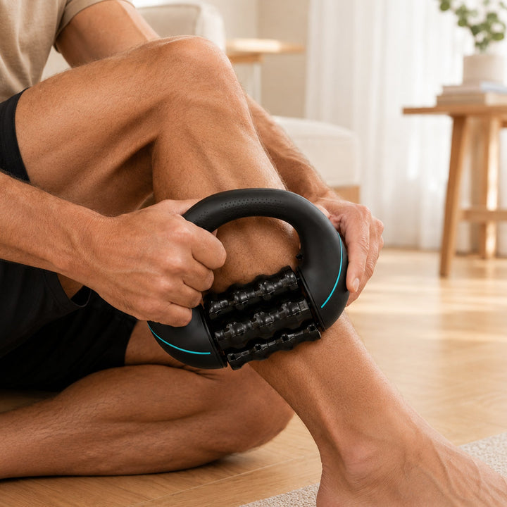 Man using the lymphatic drainage massager on his calf