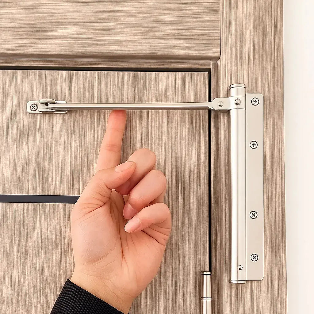 Hand demonstrating silver automatic door closer installed on an interior wooden door