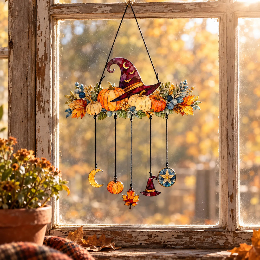 Autumn sun catcher hanging in a rustic wooden window with fall foliage outside