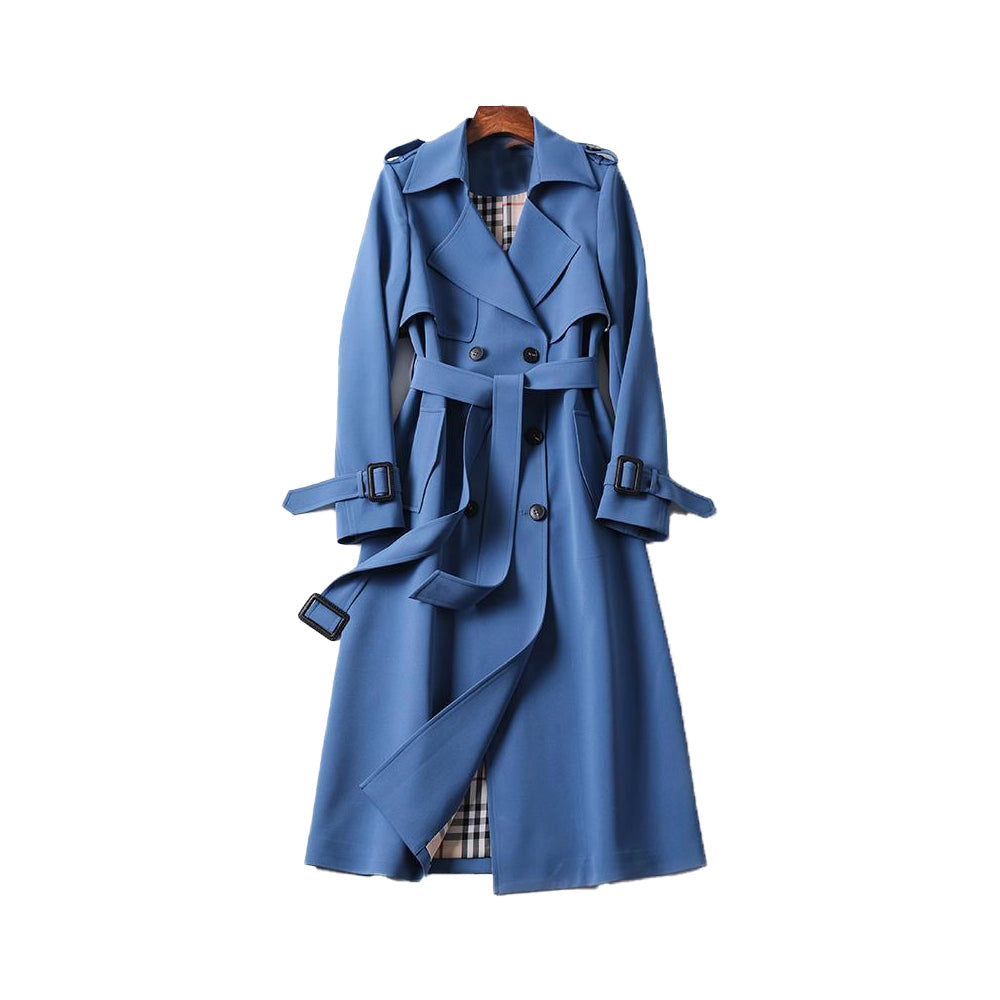 Womens long belted trench coat showing back vent and tailored fit