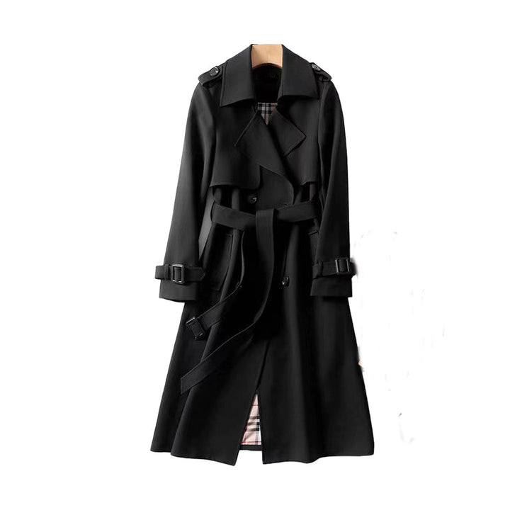 Women's classic black double-breasted belted trench coat hanging