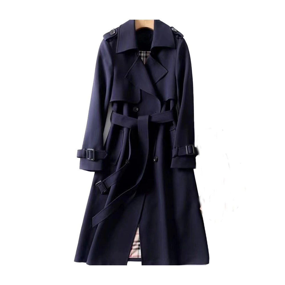 Classic double-breasted trench coat with tortoiseshell buttons and lapels