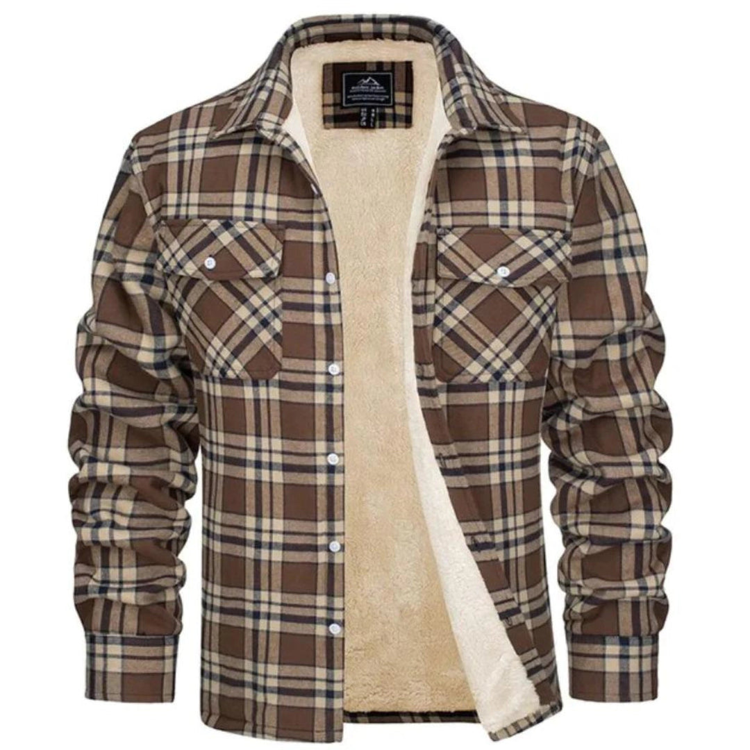 Mens casual winter wear plaid shacket folded to show interior lining