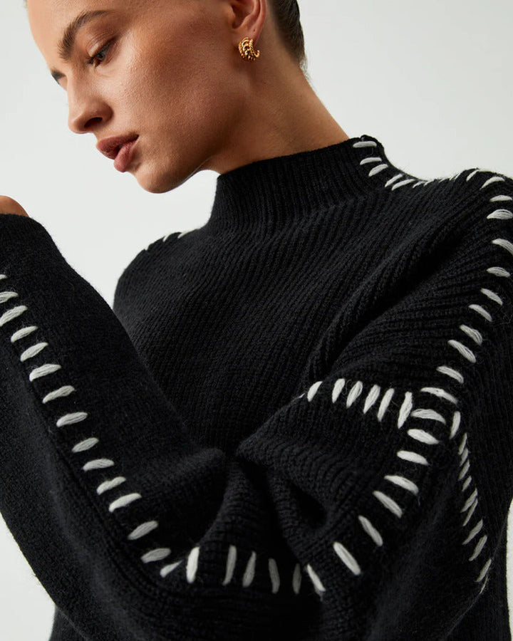 Back view of women's classic black mock neck oversized pullover sweater