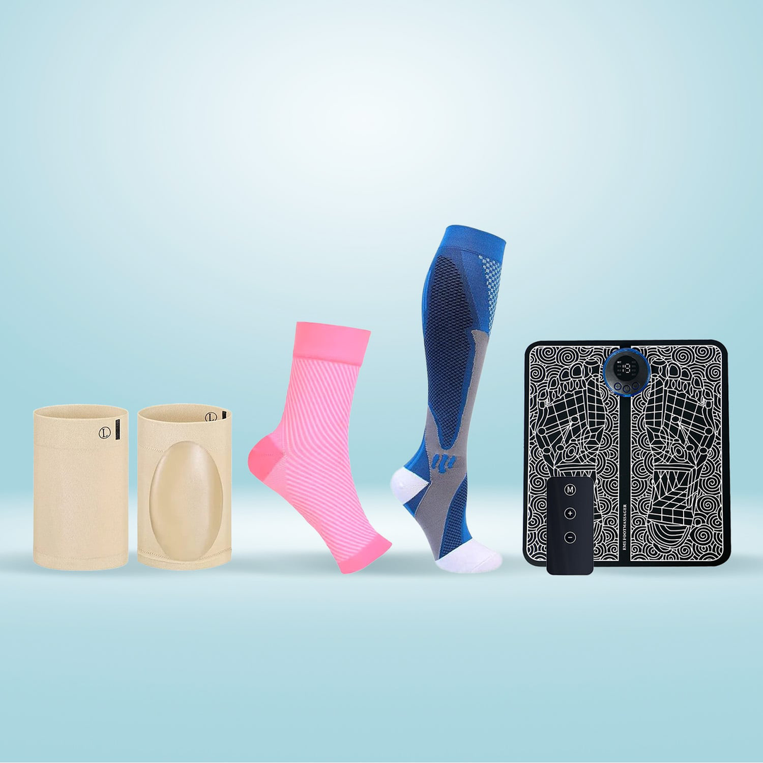 Complete 4-in-1 foot pain relief bundle featuring socks and massage mat