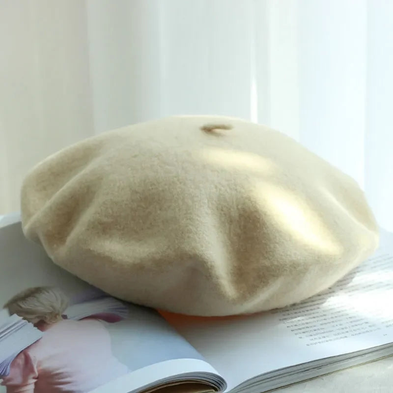 Top flat lay shot of classic winter beret accessory
