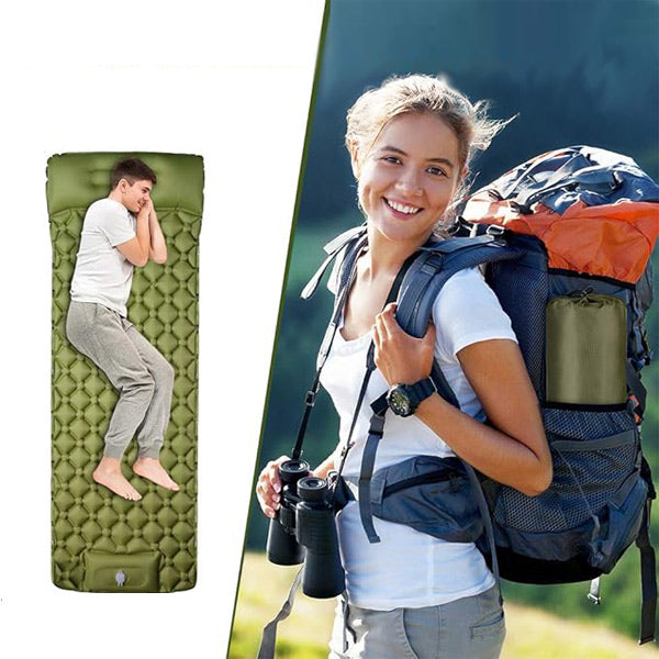 Hiker packing lightweight outdoor sleeping pad into a tactical backpack
