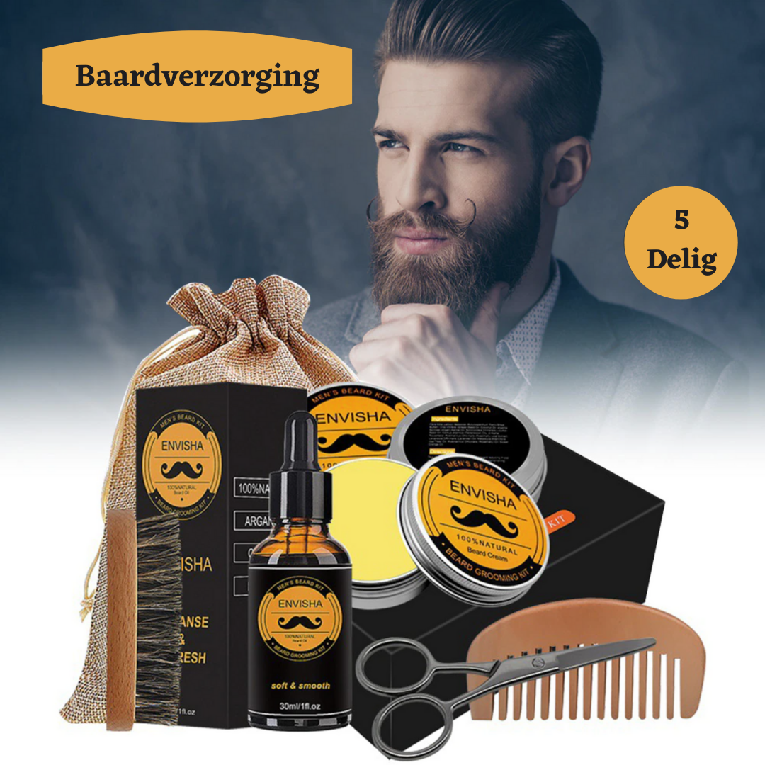 Man displaying a complete men's beard grooming kit with storage pouch and oil