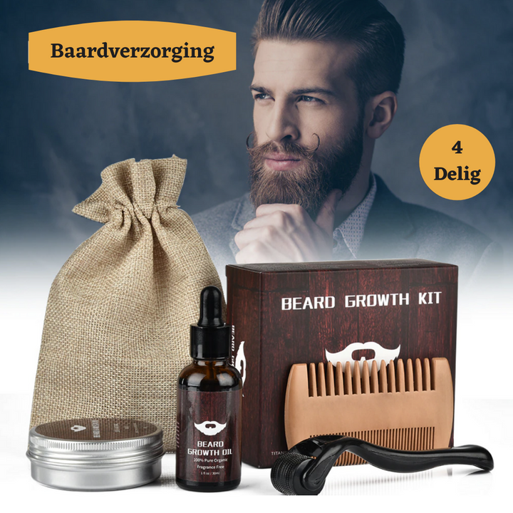 Beard growth care set including dermaroller, oil, and wooden comb