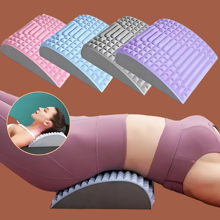 Unisex back stretcher massager in blue, purple, grey, and pink displayed with posture demonstration