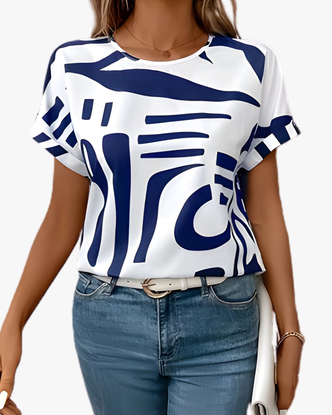 Woman wearing the Tilly printed short sleeve t-shirt with blue abstract pattern paired with jeans