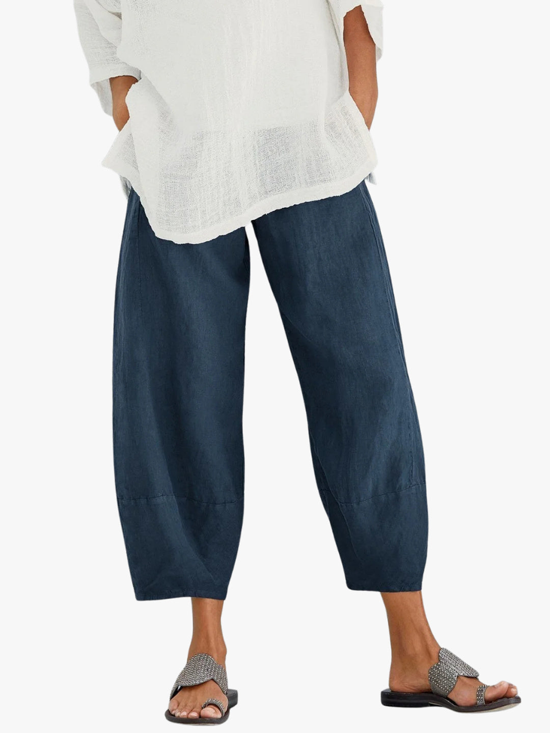 Front view of women's hazel cropped trousers with relaxed fit and neutral tone casual bottoms