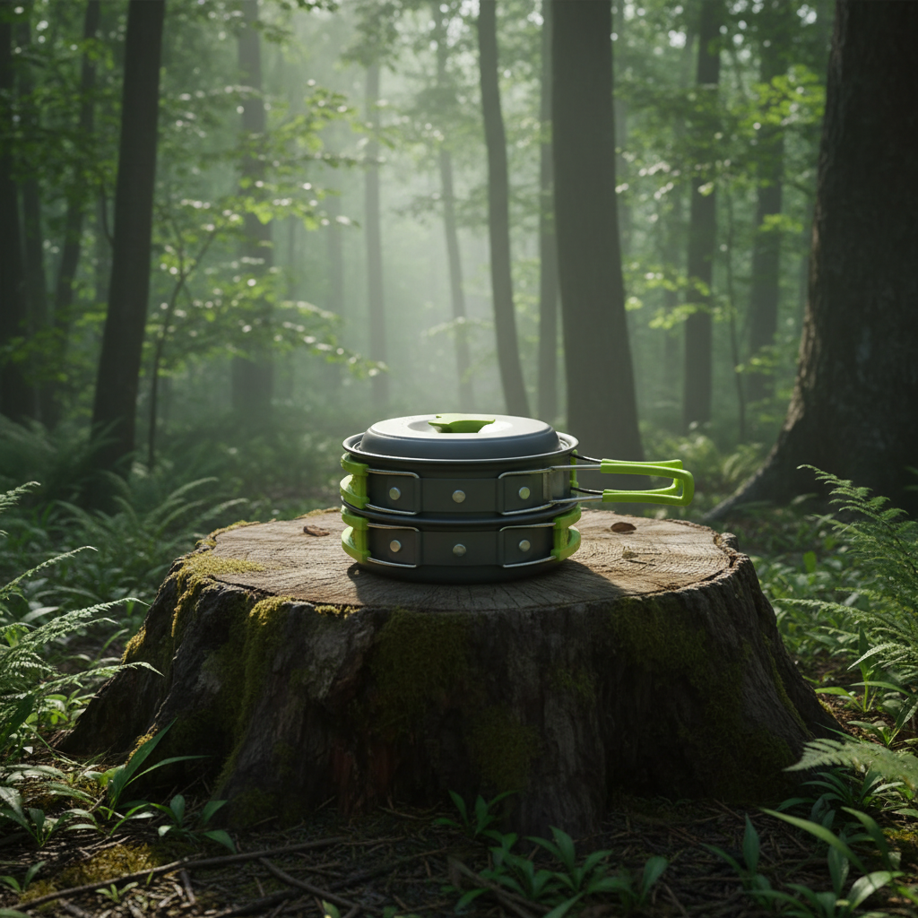 Backpacking cooking set displayed on a tree stump in a forest