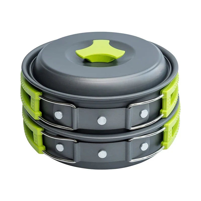 Compact stacked green and grey camping cookware set